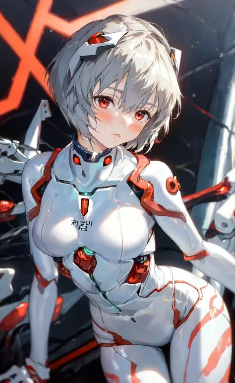 masterpiece, best quality, 1girl, (ayanami rei:1.1), short hair, plugsuit, blush