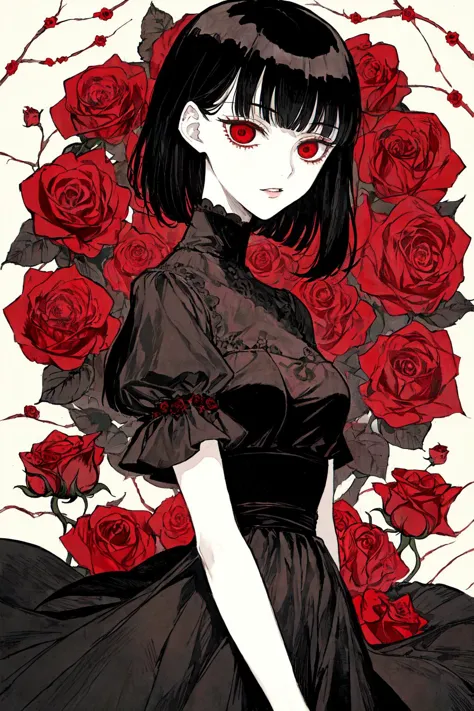 a woman in a black dress with red eyes standing in front of roses