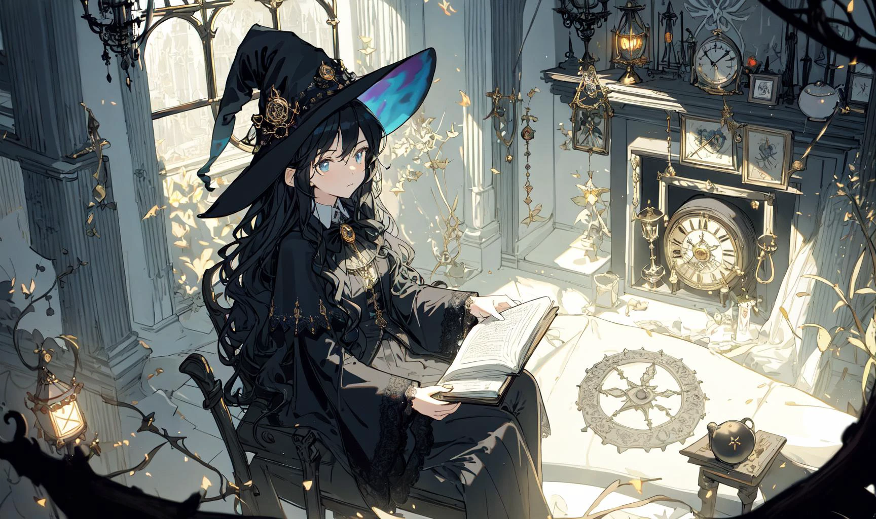 Anime girl in a witch costume sitting on a chair reading a book - SeaArt AI