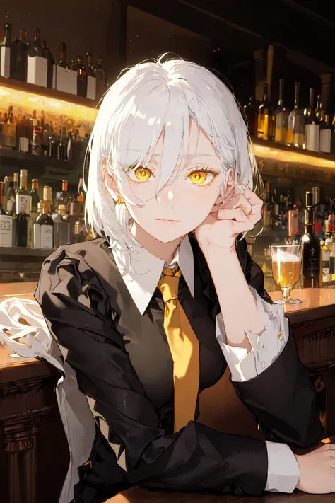 anime girl sitting at a bar with a glass of beer