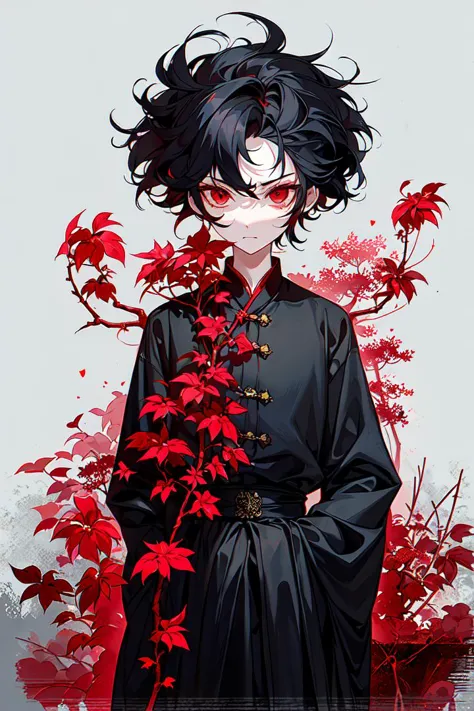 masterpiece, best quality, boy standing under the dead tree, trail, lycoris, chinese clothes, black clothes, simple clothes,  back to viewer, hair tied up with a ribbon, wild hair, bleed, black and red palette, eerie, angry