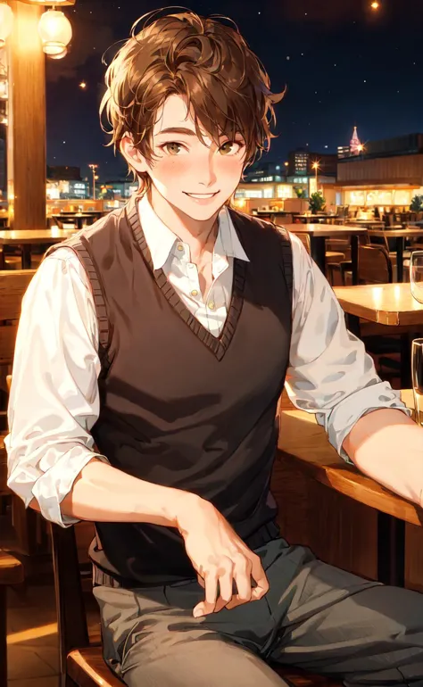 masterpiece, best quality, realistic, 1boy, short brown hair, shirt, sweater vest, trousers, sitting at a restaurant, smart-casual, night, blush, smile