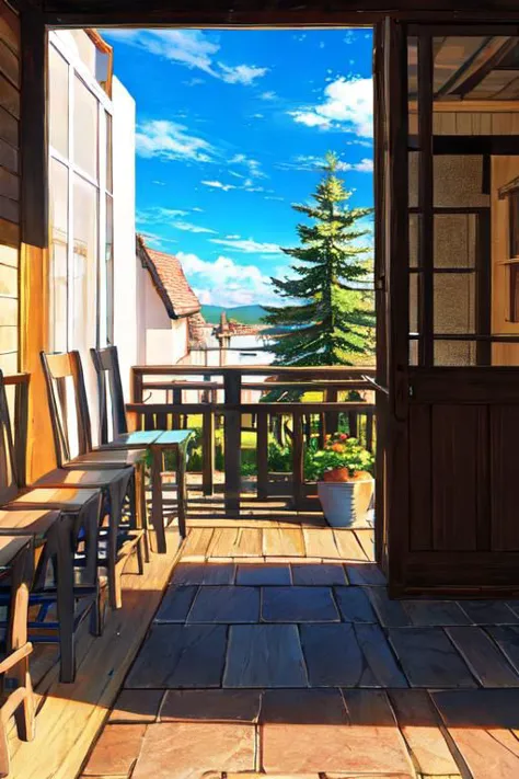 painting of a porch with a table and chairs and a door