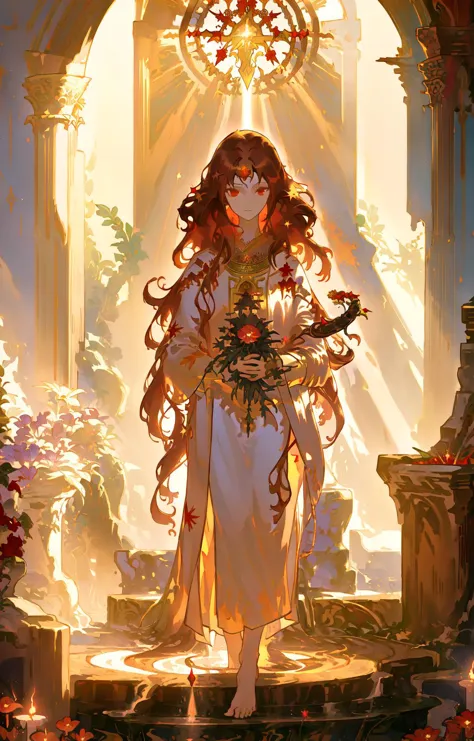 masterpiece,best quality,(Style by NTY:1),intricate,1girl,full body,priestess,very long hair down to feet,curly hair,brown hair,red eyes,sacred,altar,fountain,plants,flower,lightbeam from dome,holy light,<lora:OilPaint:0.7>,<lora:backlighting:0.5>,