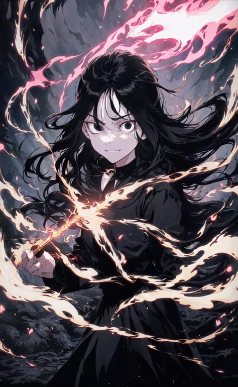 (80s anime screencap:1.1), masterpiece, best quality, Black long straight hair, empty eyes, Black eyes, no pupils, evil grin, flowing black dress, magic wand, forest background, dark black smoke aura, battle