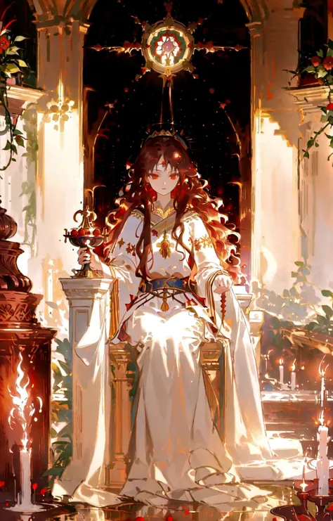 masterpiece,best quality,(Style by NTY:1),intricate,1girl,full body,priestess,absurdly long hair,curly hair,brown hair,red eyes,sacred,altar,fountain,plants,berry,flower,lightbeam from dome,holy light,<lora:OilPaint:0.7>,<lora:backlighting:0.5>,