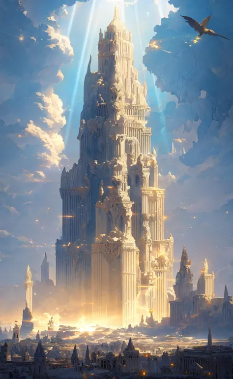 masterpiece, best quality, detailed background, the forgotten city made of white marble, grand, epic, fantasy, mystical, sunbeam, soft lighting, volumetric lighting