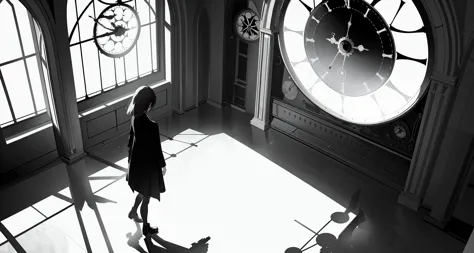 masterpiece,best quality,stream of consciousness,Minimalism,Surrealism,shadow minimalism,abstract,wide shot,from above,the floor is a huge clockface,far away,a girl standing in the center of clock,back,abstract window and shadow,architecture,brightly lit interior,spot light,black and white,lonely,<lora:EnvyShadowMinimalismXL01:1>,