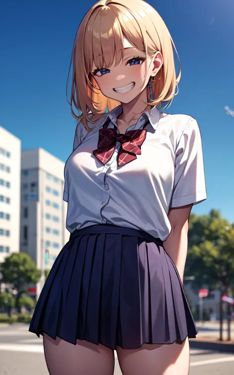 (ultra high res, ultra detailed, high resolution, highly detailed, 4k, 8k), an extremely delicate and beautiful, arms behind back, school, high school, tied shirt, school uniform, smiley face, grin, gyaru, <lora:gyaru_grin_v1.0:1.5>, <lora:AnimeGal_v10:0.6>,