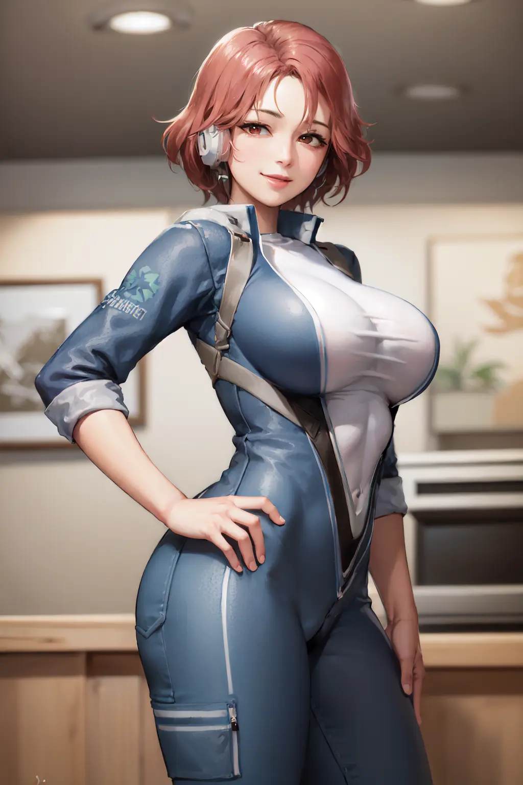 (masterpiece, best quality:1.2), cowboy shot, solo, 1girl, fortune \(last origin\), smile, closed mouth, looking at viewer, hand on hip, bodysuit, large breasts