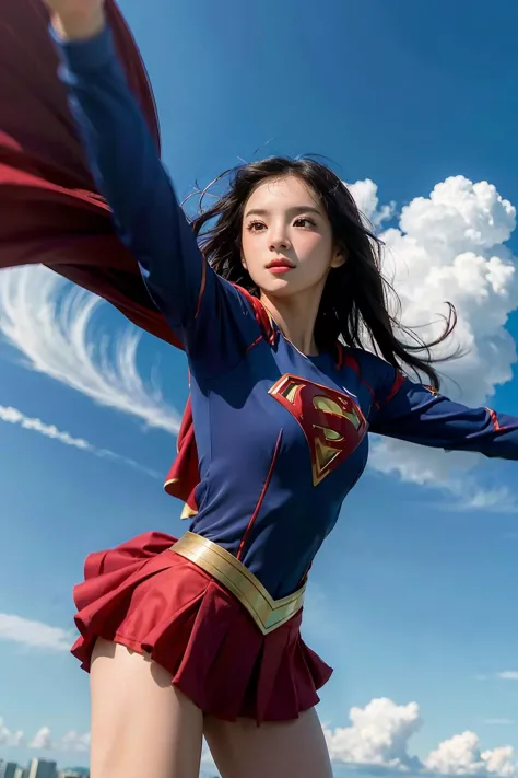 (Masterpiece), (best quality), capturing the perfect moment of a lone girl soaring through the sky in a Supergirl suit. Against a backdrop of vast azure skies, she exudes strength and grace as she glides effortlessly through the air. The wind whips through her hair as she propels forward, a symbol of  and power in flight,  