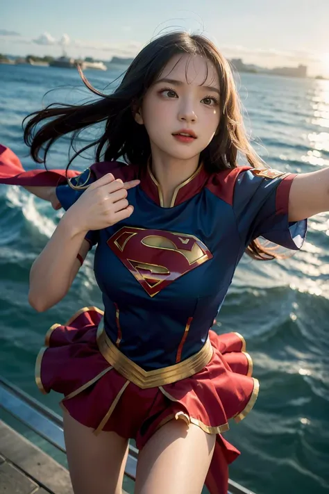 (Masterpiece), (best quality), capturing the perfect moment of a lone girl soaring through the sky in a Supergirl suit. Against a backdrop of vast azure skies, she exudes strength and grace as she glides effortlessly through the air. The wind whips through her hair as she propels forward, a symbol of  and power in flight,  