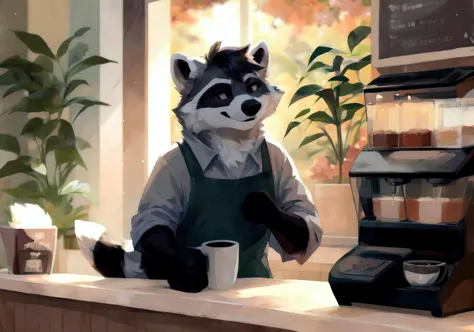 (((solo))), <lora:meeko_v11fr:0.8> Meeko, grey fur, black furred hand paws, black furred feet paws, raccoon tail, light gray highlights, barista, cafe, making coffee, cozy, warm lighting, drawing, furry art, HD, masterpiece,  <lora:add_detail:0.8> <lora:fluffyrock-quality-tags-v2.1.1-vpred:0.8> best quality, high quality, counter, mugs, coffee machines, plants, window, dim lighting, atmospheric, detailed, green fabric,    <lora:EmerarudoShika:0.8>