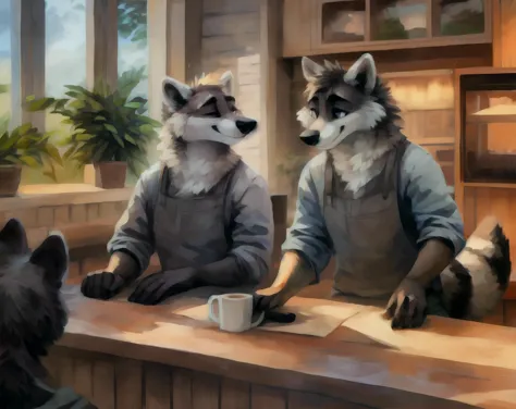 uploaded on e621, (fur by Alexalaz),  ((by Kenket)), (((solo))), <lora:meeko_v11fr:0.8> Meeko, grey fur, black furred hand paws, black furred feet paws, raccoon tail, light gray highlights, barista, cafe, making coffee, cozy, warm lighting, drawing, furry art, HD, masterpiece, <lora:add_detail:0.8> <lora:fluffyrock-quality-tags-v2.1.1-vpred:0.8> best quality, high quality, counter, mugs, coffee machines, plants, window, dim lighting, atmospheric, detailed, green fabric, <lora:EmerarudoShika:0.8>  <lora:Jacato:0.5> jacota , good eyes, perfect eyes,