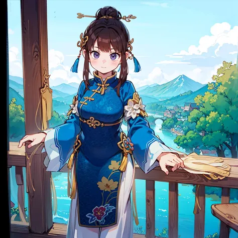 masterpiece, anime screencap, 1 girl, solo, brown hair, top knot, blue clothes, chinese clothes, full body, outdoors, valley, co...
