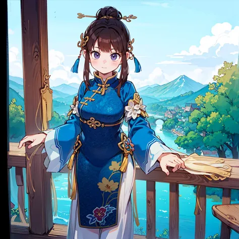 anime girl in blue dress standing on a balcony with a view of a lake