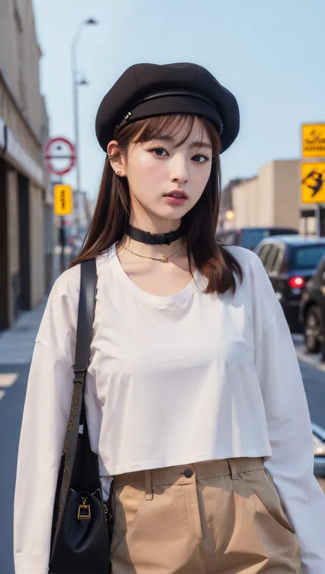 (skindentation:1.2), (realistic:1.1), best quality, photorealistic, 1girl, wearing black t-shirt, jacket, white pants, choker, light brown beret, Bag, streets, studio soft light, rim light, urban, (detailed background:1.2), (wide hip:1.1), look at the viewer, (pureerosface v1:0.2), Louis Vuitton Leather, Burberry plaid, 