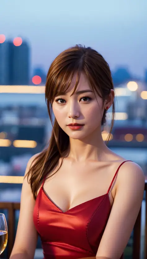 (skindentation:1.2), (realistic:1.1), best quality, photorealistic, bokeh, city light, 1 girl, portrait, wearing red dress, even...