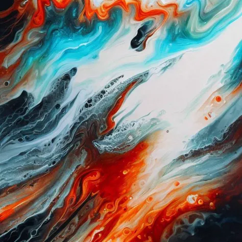 abstract painting of a red and blue wave with orange and white