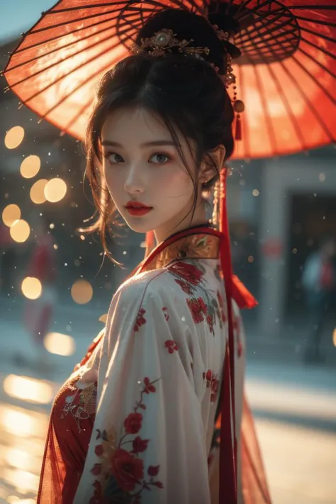 Warm Snow,1girl,solo,umbrella,oil-paper umbrella,blurry,looking at viewer,hair ornament,red lips,upper body,black hair,chinese c...