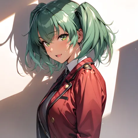 anime girl with green hair and a red jacket