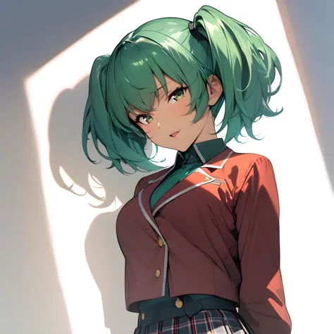 (masterpiece),(best quality),(ultra-detailed),(best illustration),(best shadow),(absurdres),(detailed background),(very aesthetic), ryofu housen, 1girl, solo, skirt, twintails, white background, green eyes, simple background, jacket, pleated skirt, looking at viewer, school uniform, red jacket, green hair, plaid skirt, open mouth, seductive smile,  upper body, very close-up, portrait, dark skinned, <lora:XL-RyofuHousen:1>