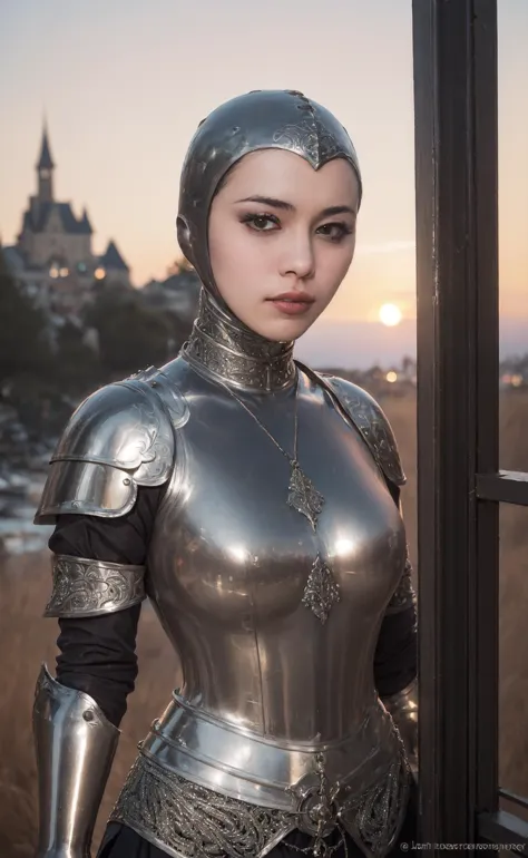 a woman in a silver armor standing next to a pole