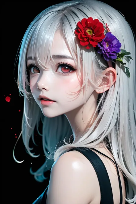 1girl, (ishida sui: 1.2), (sketch:1), limited palette, red eyes, silver hair, shiny skin, hair between eyes, empty eyes, (lips:0.4), (watercolor:0.8), white background, (ink splatter: 1.1), from side, hair flower, (carne griffiths:1.1), red flower, masterp...