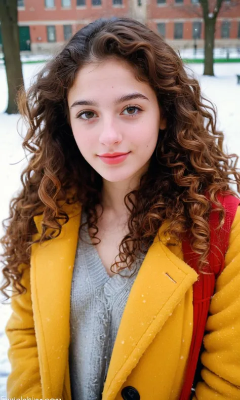 a close up of a woman with curly hair wearing a yellow coat