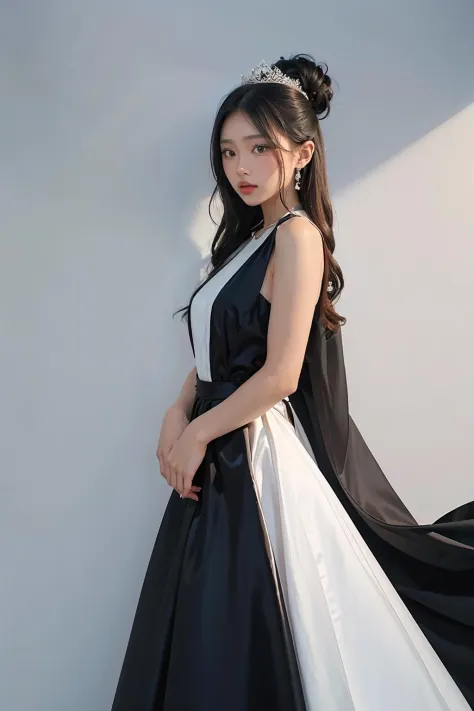 1girl, black  formal long dress,white background,  <lora:sandydianabang-04:1>