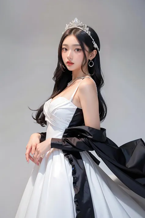 1girl, black  formal long dress,white background,  <lora:sandydianabang-04:1>