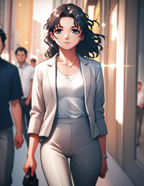 anime girl walking down a street with a man walking by