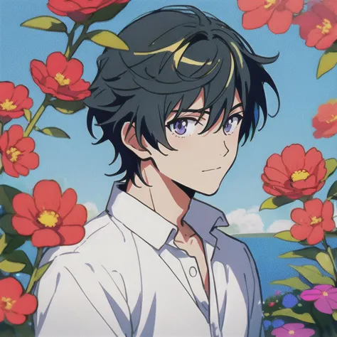 Niji style,  masterpiece, best quality,1boy,solo,blue sky,lookind at viewer,upper body,flowers,colorful,bright colors,anime coloring