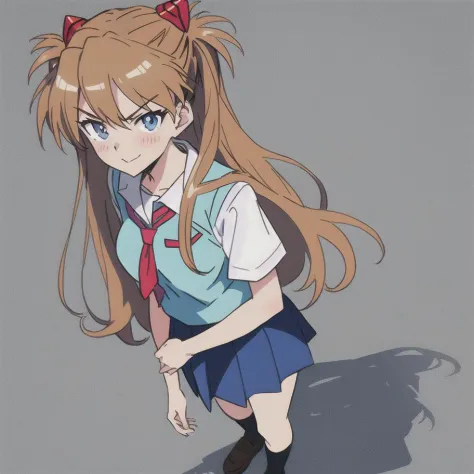 Niji style, masterpiece, best quality,solo, souryuu asuka langley,standing, v-shaped eyebrows,lookind at viewer,colorful, bright colors,school uniform,skirt,socks,anime coloring,1girl, from the side,long hair, breasts, bangs, blue eyes,brown hair