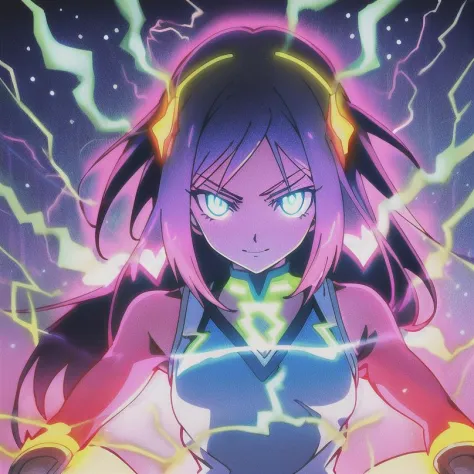 Niji style,  masterpiece, best quality,1girl,solo,electricity, glowing eye, lightning,lookind at viewer,colorful,bright colors,a...