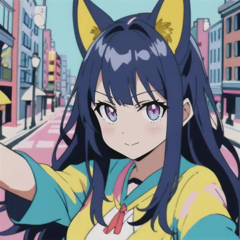 Niji style,  masterpiece, best quality,1girl,selfie,solo,city,lookind at viewer,colorful,bright colors,anime coloring
