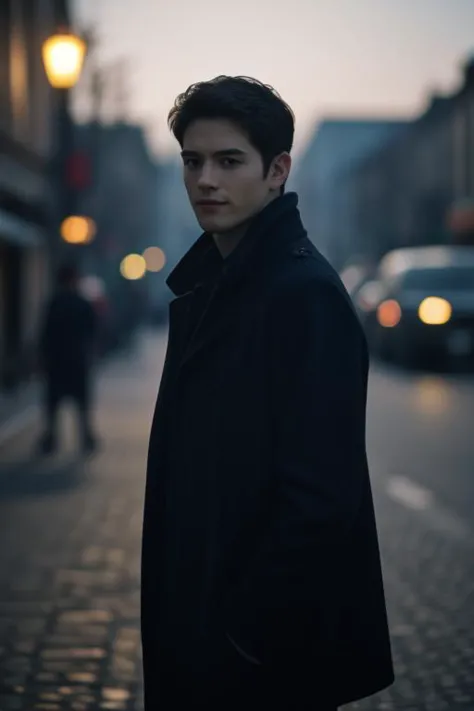 arafed man in a black coat standing on a street corner