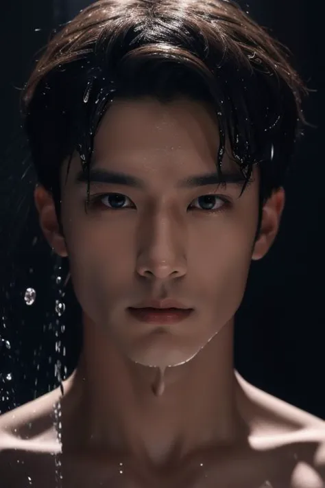 a man with a wet face and no shirt is standing under water