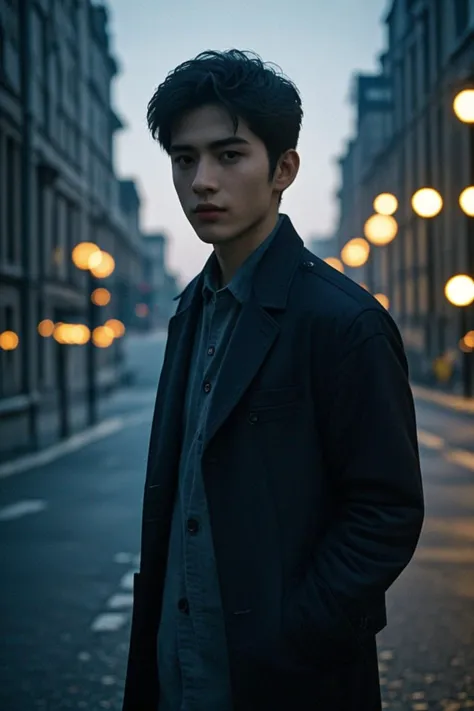 arafed man in a black coat standing on a city street