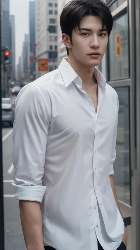 (masterpiece:1.21),(bestquality:1.21),8k,high detailed,ultra-detailed,photography,award winning,documentary,realistic,crystal clear,8K UHD,high detail,ultrarealistic,handsome and muscular young Asian guy, white shirt unbuttoned across his chest, looking at camera in an apocalyptic city, high definition, 8k.