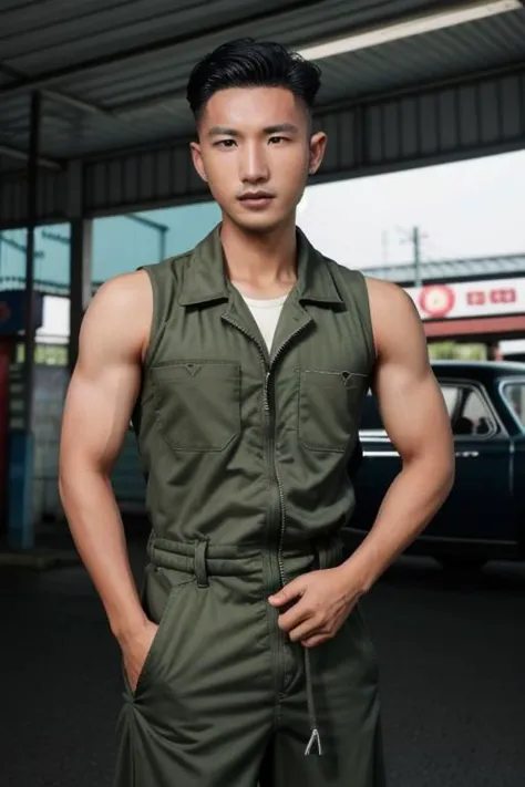 1man, Taiwanese professional photo of syahnk , In the style of (Asian), 1950s gasstation, muscular mechanic , jumpsuit ,photorea...
