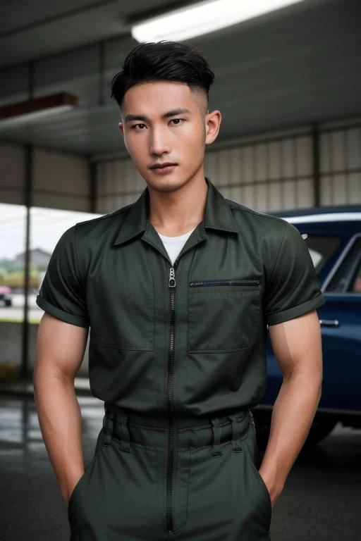 1 человек, Тайваньское профессиональное фото Сянка , в стиле (Азиатский), заправка 1950-х годов, мускулистый механик , комбинезон ,фотореалистичный,армейские прически, темнокожий мужчина,Потоотделение_обильно, тренировка