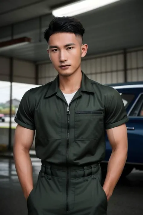 1man, Taiwanese professional photo of syahnk , In the style of (Asian), 1950s gasstation, muscular mechanic , jumpsuit ,photorealistic,army hairstyles, dark skinned male,sweating_profusely, workout