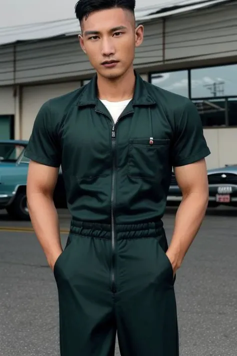 1man, Taiwanese professional photo of syahnk , In the style of (Asian), 1950s gasstation, muscular mechanic , jumpsuit ,photorealistic,army hairstyles, dark skinned male,sweating_profusely, workout