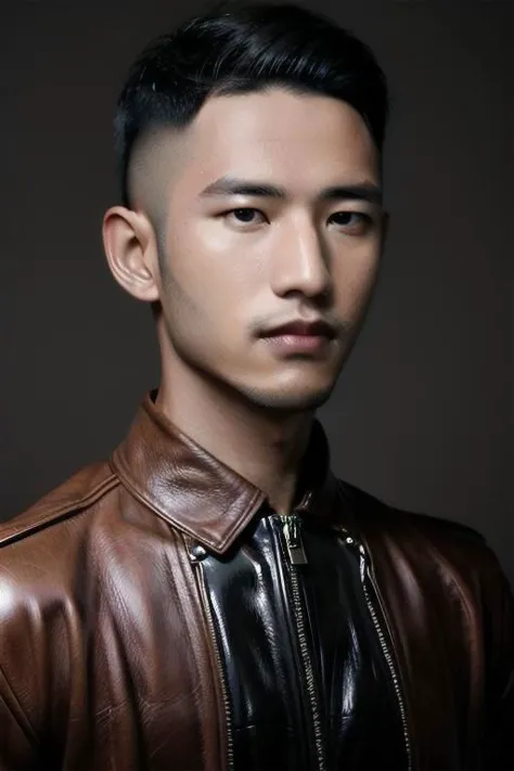 a close up of a man in a leather jacket posing for a picture