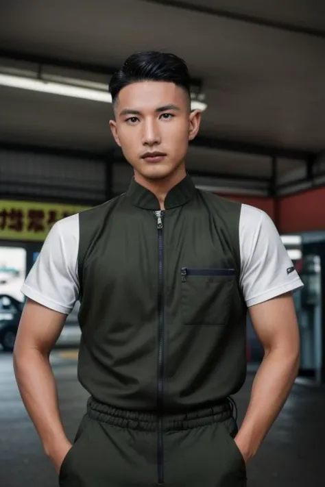 a man in a green vest and white shirt standing in a garage