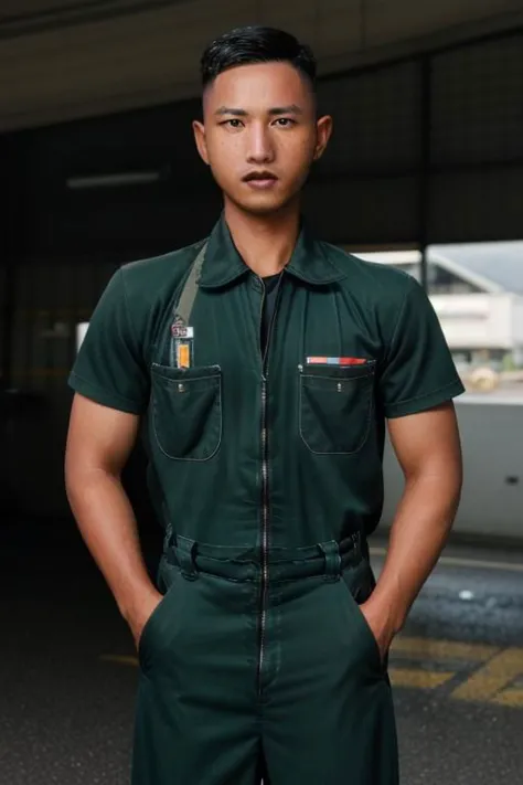 a man in a green uniform standing in a parking garage