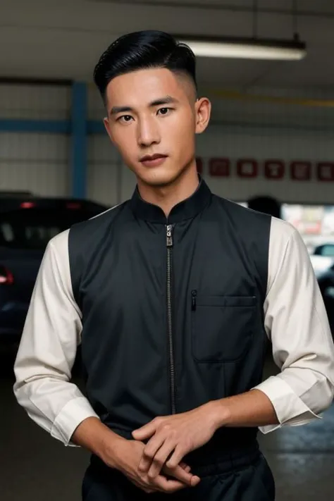 1man, Taiwanese professional photo of syahnk , In the style of (norman rockwell), 1950s gasstation, muscular mechanic , jumpsuit...