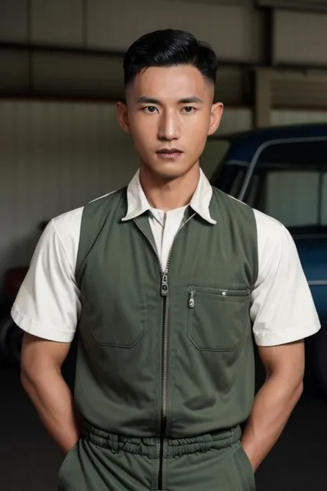 1 homem, Foto profissional taiwanesa de syahnk , no estilo de (Norman Rockwell), Posto de gasolina dos anos 1950, mecânico muscular , macacão ,fotorrealista,penteados do exército, homem de pele escura,suando_profusamente, dar certo