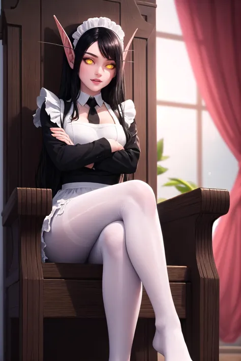 a woman in a maid outfit sitting on a bench with her arms crossed